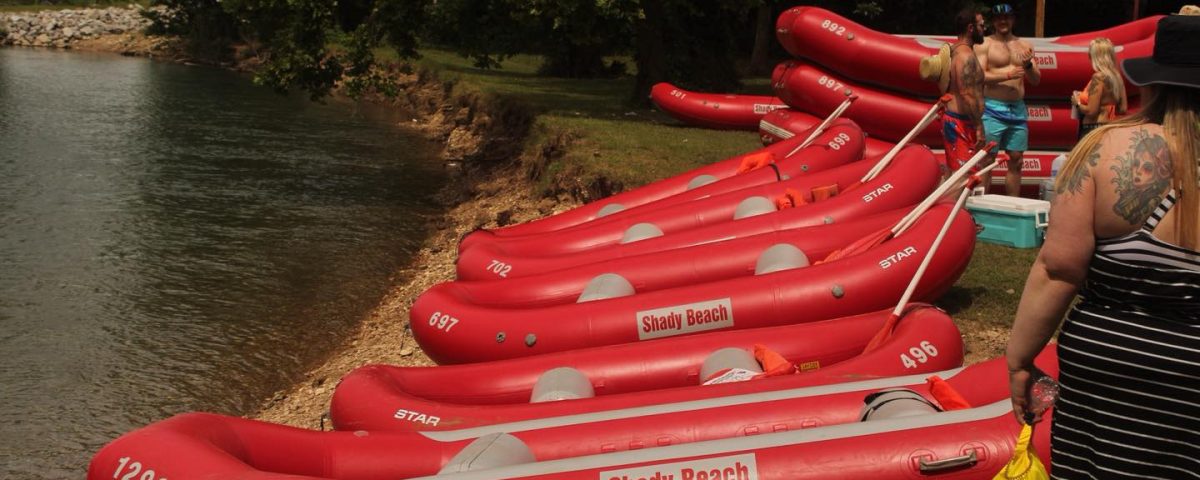 Kayaks and rafts along the Elk River at Shady Beach Campground in Noel, Missouri