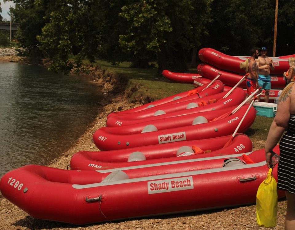 Kayaks and rafts along the Elk River at Shady Beach Campground in Noel, Missouri